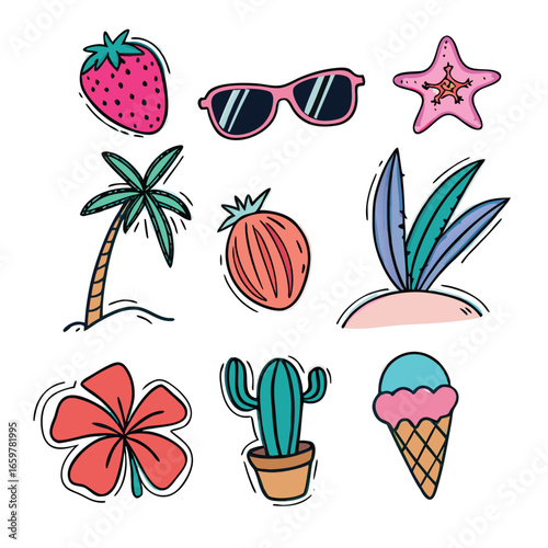 Tropical summer icons including fruit plants and ice cream strawberry sunglasses