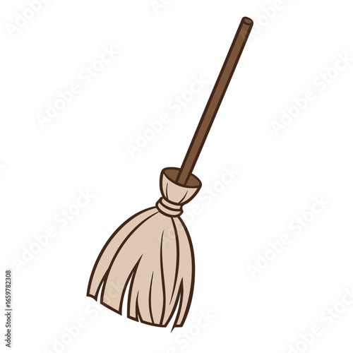Brown handled broom with tan bristles cleaning tool