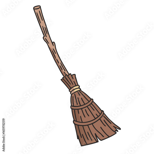 Rustic broom with wooden handle and straw bristles vector