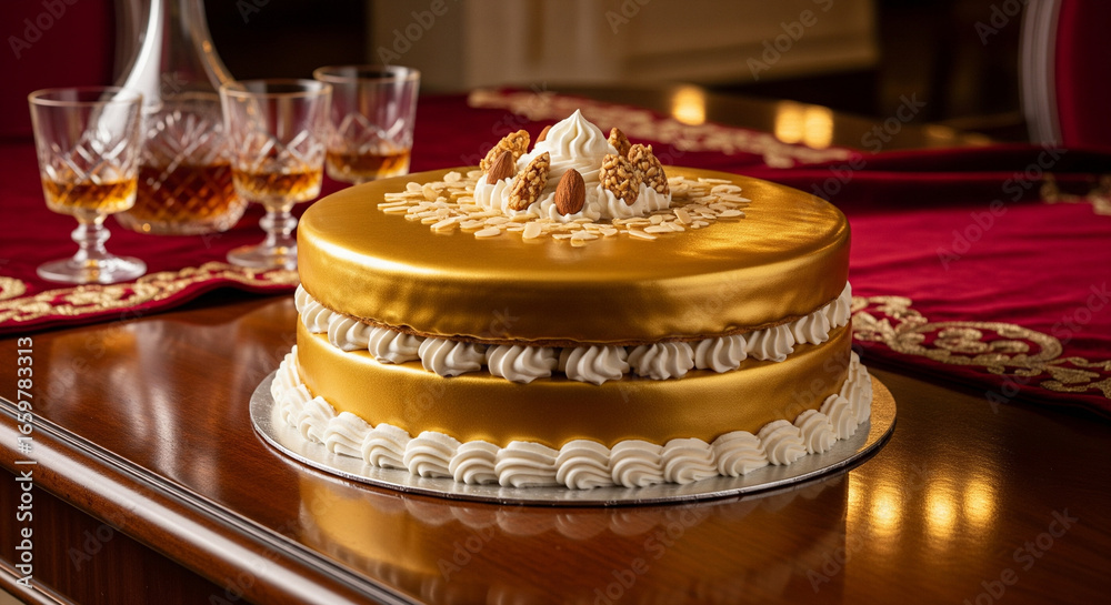 Fototapeta premium Elegant Golden Mirror Glazed Layer Cake with Whipped Cream and Nut Topping Perfect for Celebrations