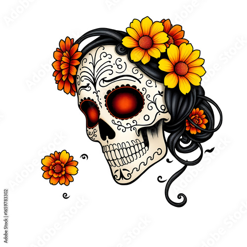 Intricate Catrina skull with delicate swirling pa