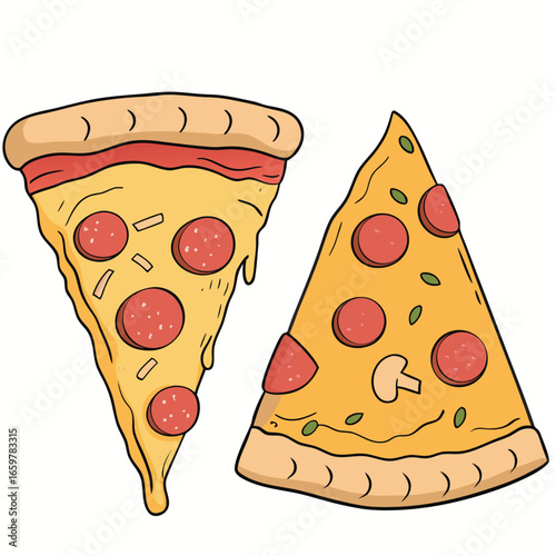 Slices of pepperoni pizza with melted cheese and toppings mushroom olives