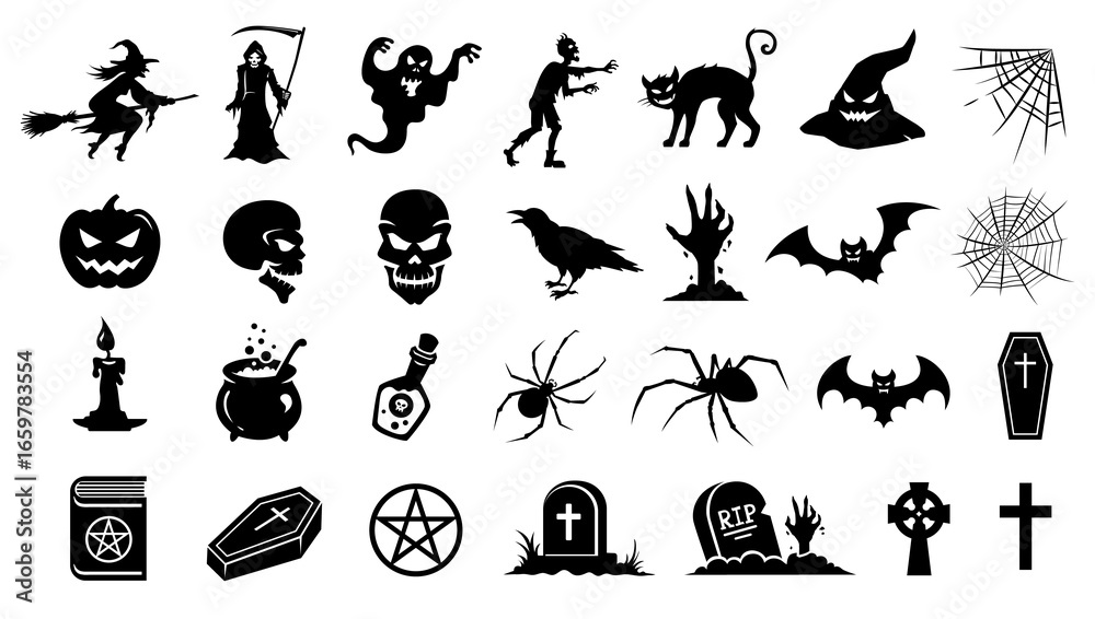 Naklejka premium Halloween icons set. Simple black flat illustrations. Halloween stickers collection. Black silhouettes of monsters, objects, elements and symbols. Witch, zombie, pumpkin, ghost and other