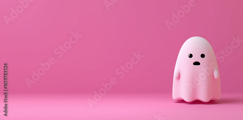 Cute pink ghost character on solid background.