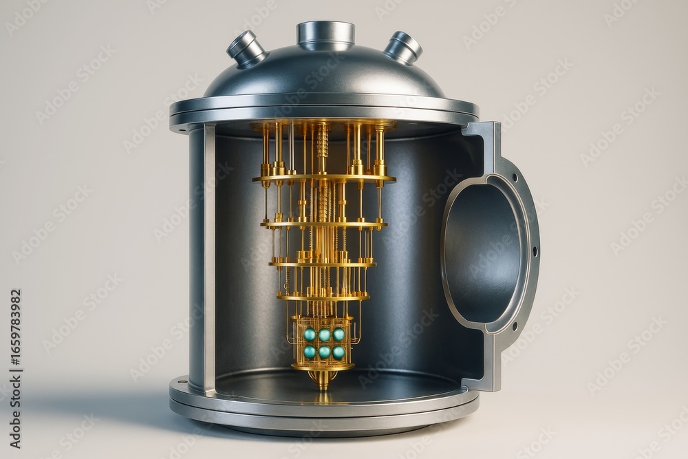 Intricate cutaway view of a quantum computer, showcasing internal components and advanced technology. Intricate cutaway view of a quantum computer, showcasing internal components and advanced technology.