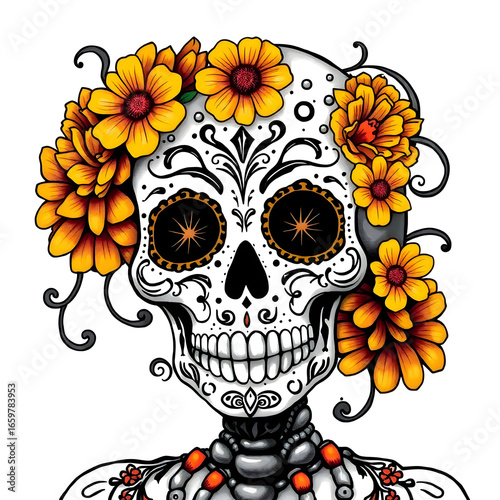 Intricate Catrina skull with delicate swirling pa