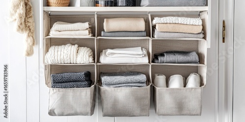 A closet organizer hangs on a white closet door, displaying neatly folded clothes and shoes in nine fabric bins. The bins are filled with various items including scarves, sweaters, socks,