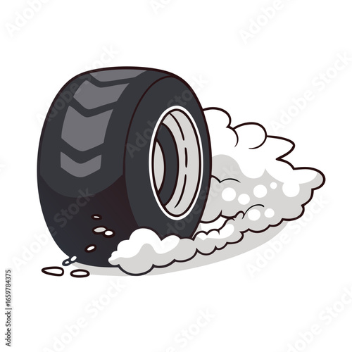 Black tire with smoke and tire marks grey white