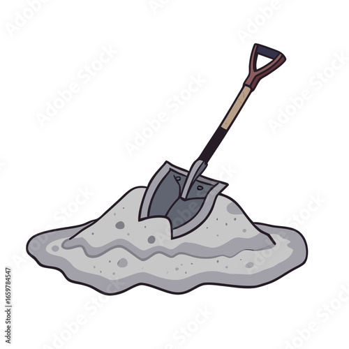 Shovel digging into pile of grey dirt vector