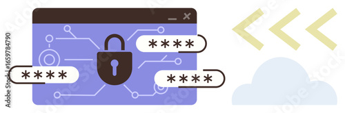 Locked purple web browser with padlock, password fields, abstract circuit design, and cloud computing hinting at data protection. Ideal for cybersecurity, data privacy, encryption, cloud computing