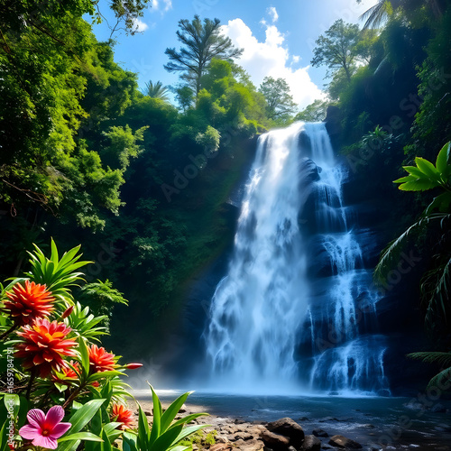 Long shot of the majestic La Pad waterfalls in th
