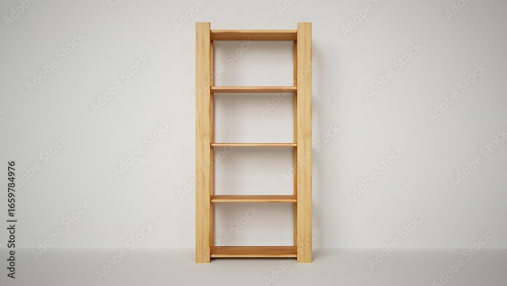 Empty wooden bookshelf against white wall modern minimalist furniture design Empty wooden bookshelf against white wall modern minimalist furniture design