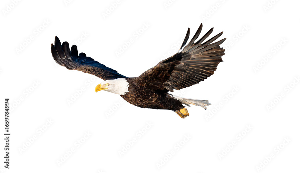 Fototapeta premium Majestic bald eagle soaring against a stark black background