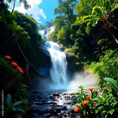 Long shot of the majestic La Pad waterfalls in th