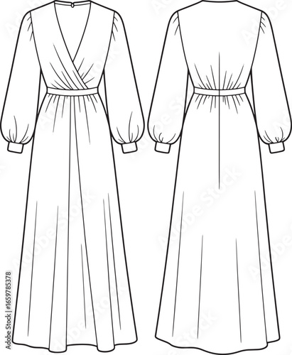 Fashion illustration of a long sleeve wrap dress with gathered waist