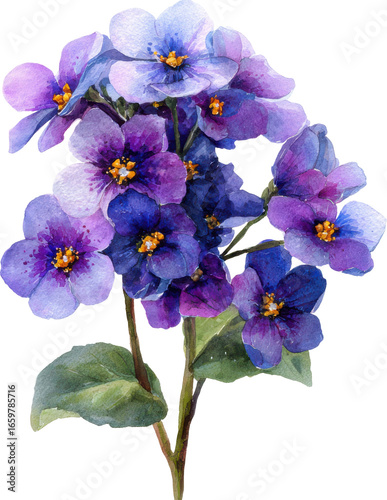 Vibrant cluster of african violet flowers with delicate petals and green leaves Watercolor PNG