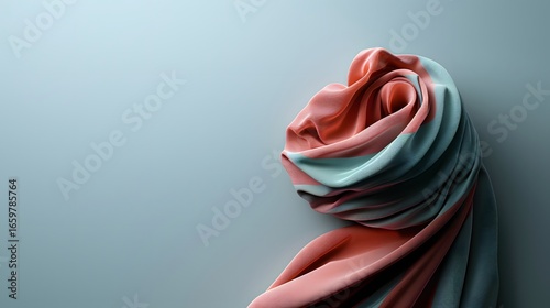 Elegant and Soft Draped Fabric in Shades of Coral and Light Blue on Minimalist Background