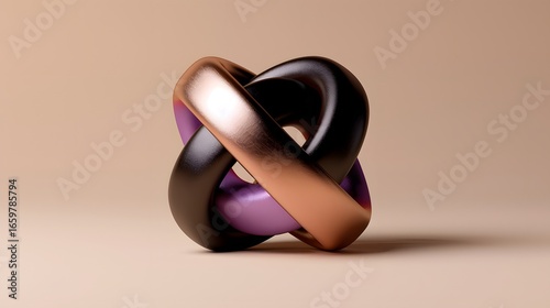 Abstract sculpture of intertwined geometric shapes in copper, black, and purple tones