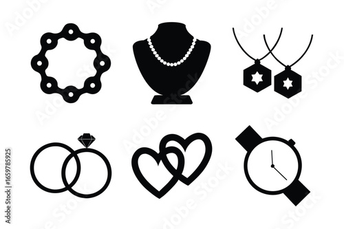 Elegant jewelry collection icon set featuring bracelets necklaces rings hearts and watches for fashion beauty and accessories design