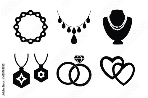 Elegant jewelry collection set 6 icons featuring bracelets necklaces rings gemstones and heart pendants for fashion beauty and luxury concepts