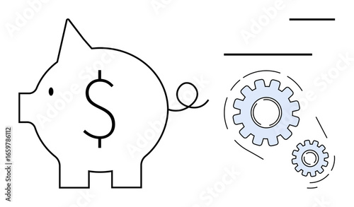 Piggy bank with dollar sign and interconnected gears representing savings, financial planning, cash flow, efficiency, resource management, investment growth, simple flat metaphor