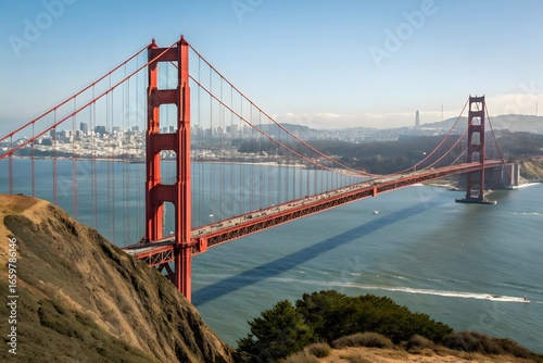 Gorgeous view of the Golden Gate Bridge in San Francisco, Busy traffic highway, and Highway stock view of an airplane