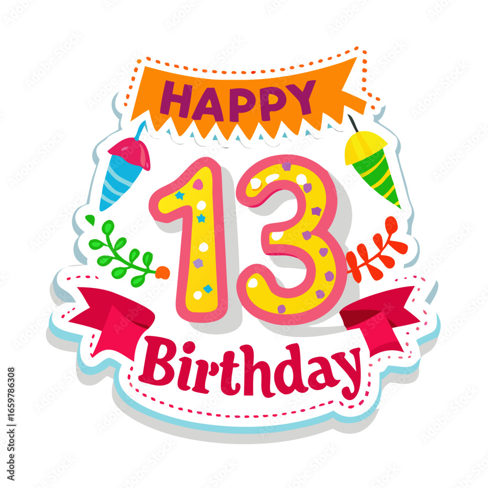 Fototapeta premium Happy 13th birthday badge with stars and confetti