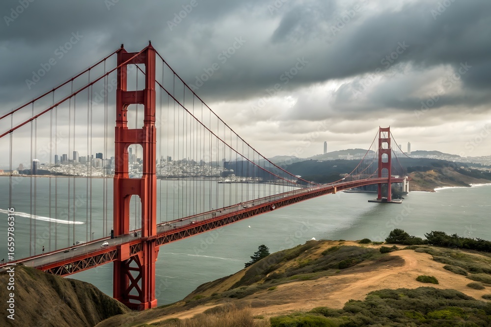 Fototapeta premium Gorgeous view of the Golden Gate Bridge in San Francisco, Busy traffic highway, and Highway stock view of an airplane