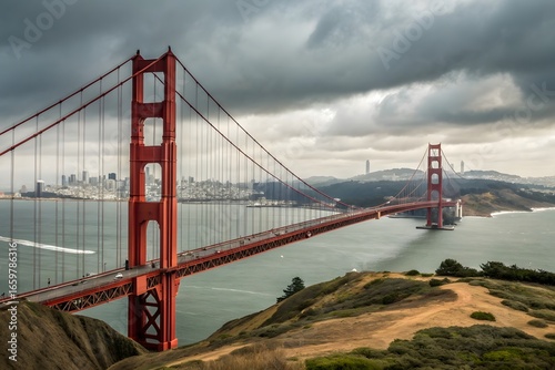 Gorgeous view of the Golden Gate Bridge in San Francisco, Busy traffic highway, and Highway stock view of an airplane