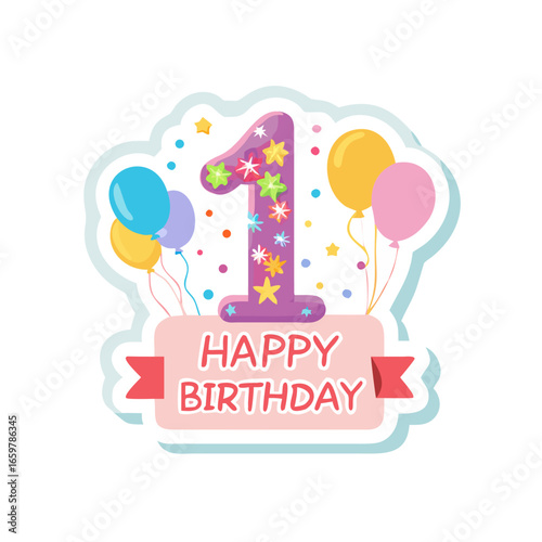 Number 1 birthday badge with balloons and sparkles