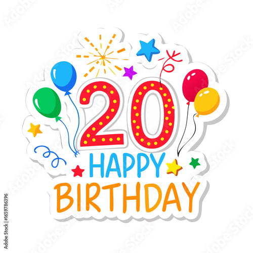 Number 20 birthday design with confetti and balloons