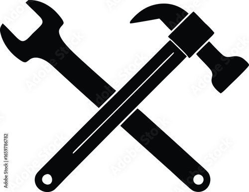  crossed hammer and wrench silhouette vector  