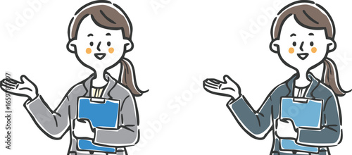 ファイルを持ち案内をする女性会社員　上半身　ベクター