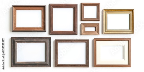 A collection of wooden picture frames is arranged against a black background. The frames vary in color, including brown, gold, and dark brown