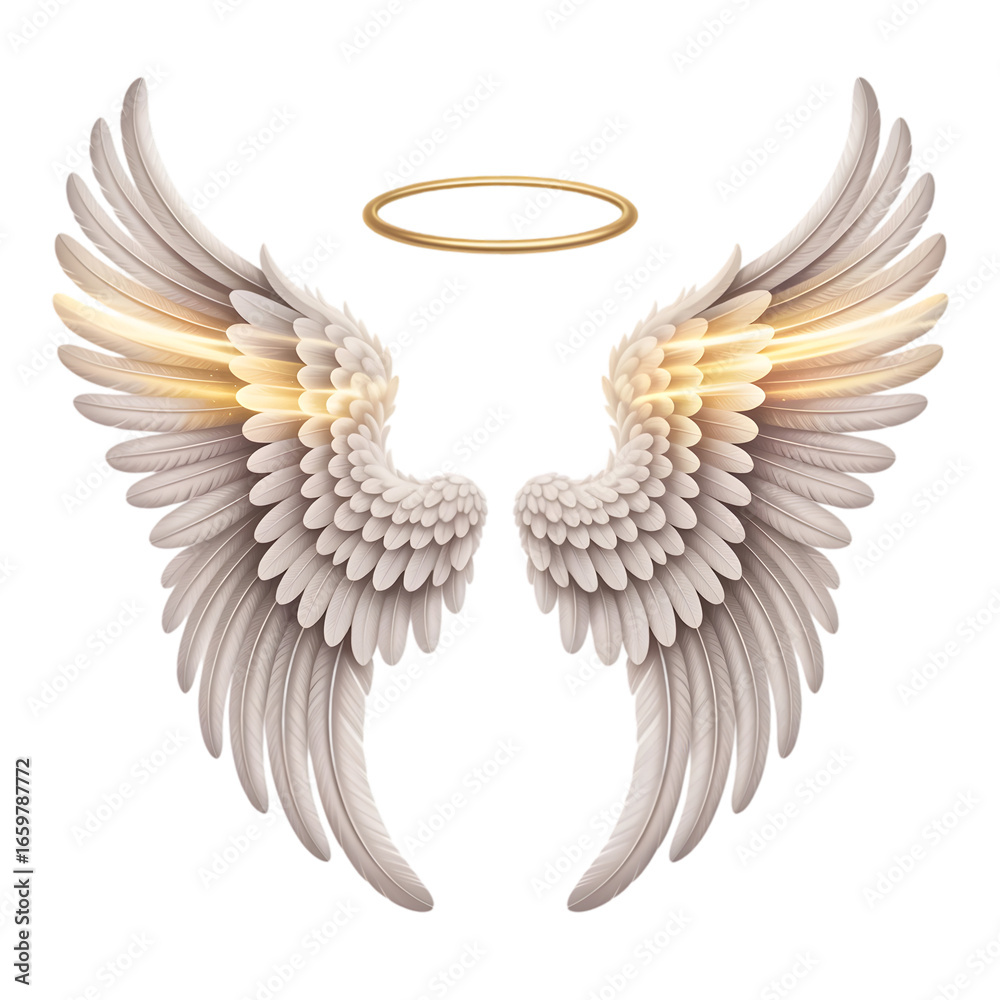Fototapeta premium Elegant angel wings with golden halo, perfect for spiritual designs and heavenly concepts