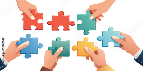 Four puzzle pieces coming together in the hands of different people, symbolizing collaboration, partnership, and business solutions.