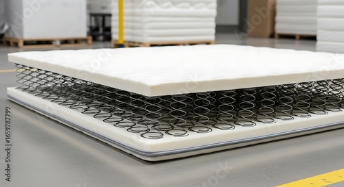 Internal structure of a spring mattress during the manufacturing process in a factory.