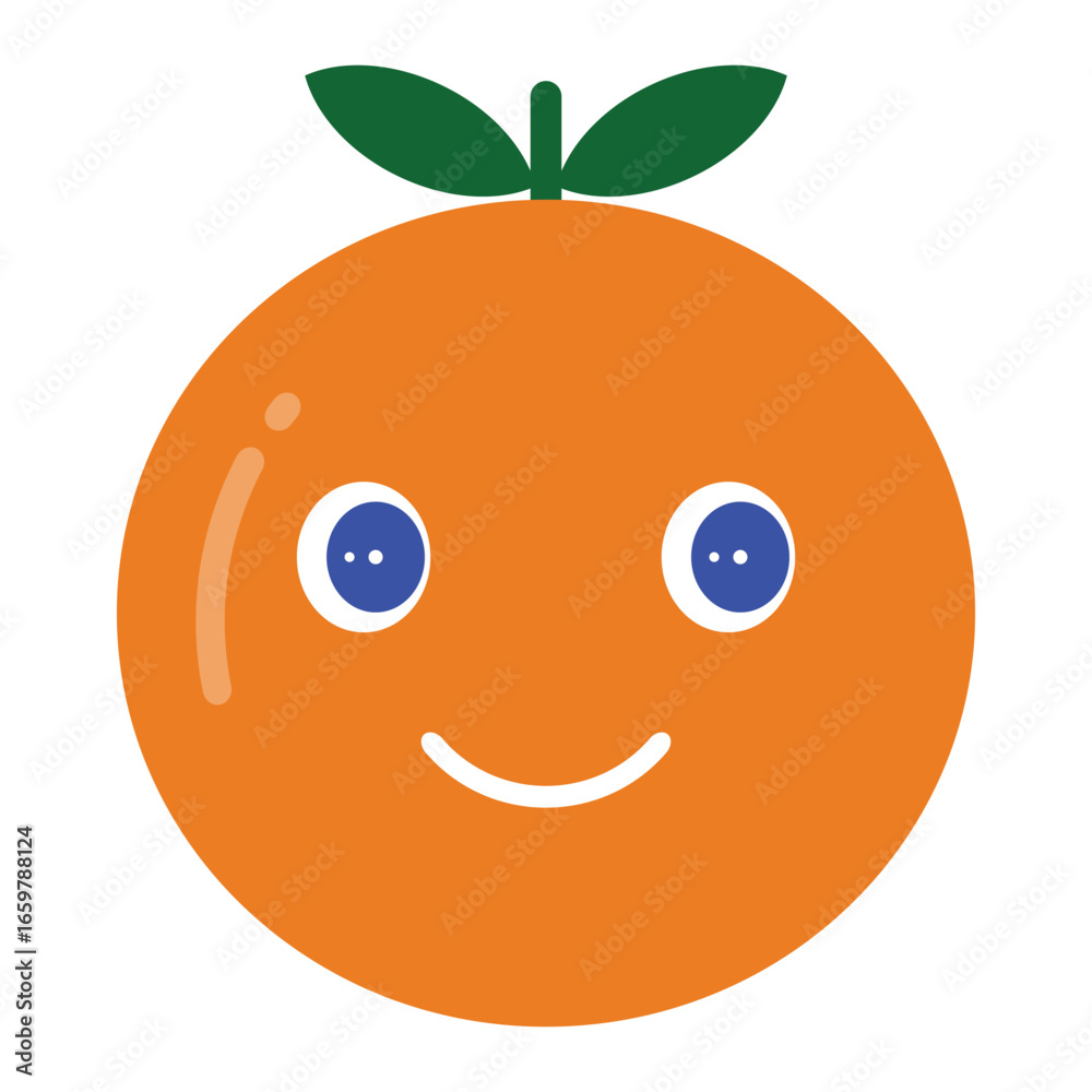 Fototapeta premium Cute smiling orange cartoon vector with blue eyes, green leaf, and glossy highlight. Perfect for kids’ designs, stickers, logos, healthy food branding, packaging, and fun educational projects.