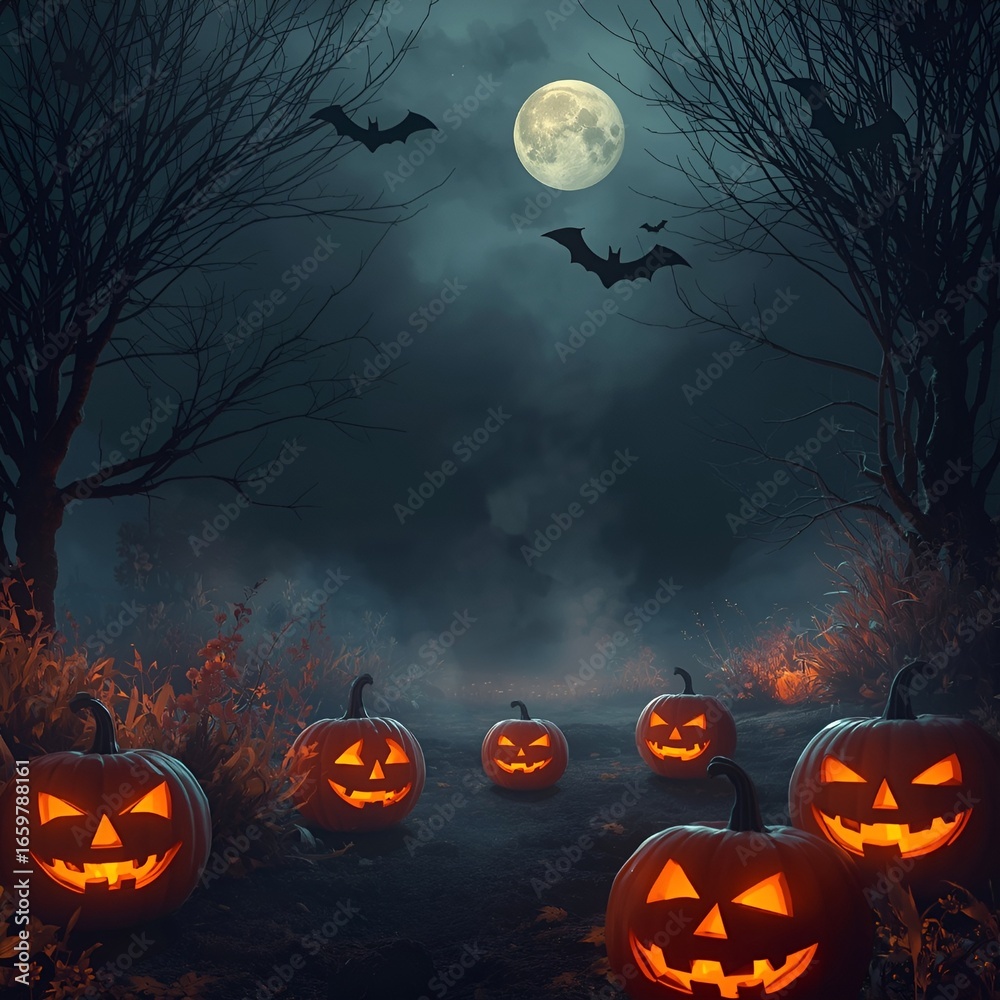 Fototapeta premium Halloween Background with Glowing Pumpkins, Bats, Autumn Leaves, and Spooky Night Atmosphere