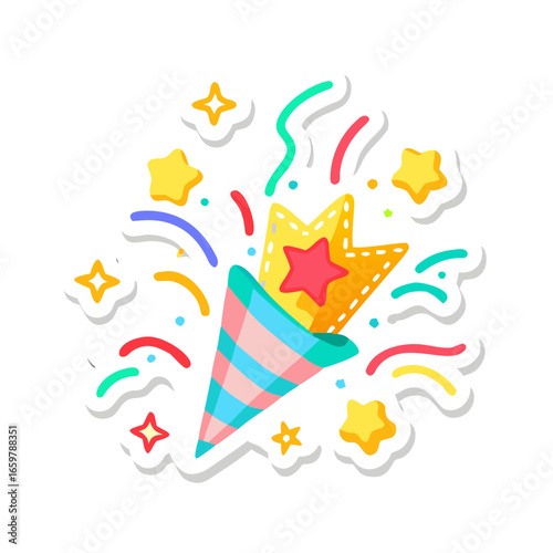 Party popper with stars and streamers in cartoon flat style