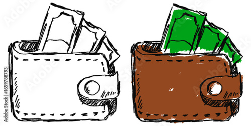 Grunge sketch wallet vector for finance, personal wealth, and digital payments with a raw, artistic feel. Perfect for illustrating cash, credit cards, and online transactions.