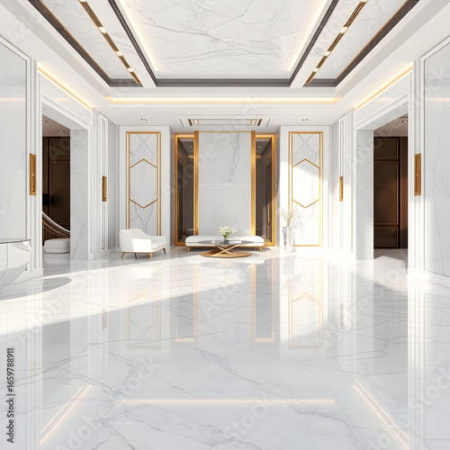 Luxurious 3D room with polished marble floors the