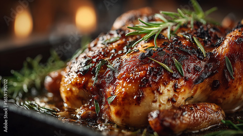 Delicious baked chicken with a crispy golden crust, garnished with fresh rosemary sprigs.
