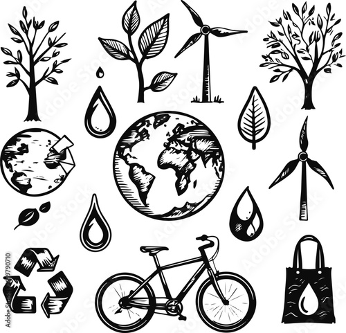 eco and sustainability icon set, minimal doodle style, bold smooth ink line art, professional high-quality vector illustration. Include recycle symbol, earth globe, tree, leaf, solar panel, wind turbi