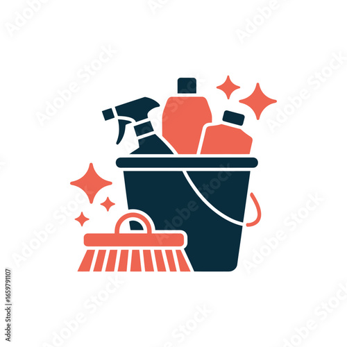 Vibrant illustration of essential cleaning supplies, a sturdy bucket, and brush, symbolizing household freshness, tidiness, and a sparkling home environment.