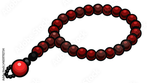 Islamic prayer beads decorative black red agate prayer rosary beads isolated against white background vector illustration.