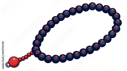 Islamic prayer beads decorative dark navy blue red agate prayer rosary beads isolated against white background vector illustration.