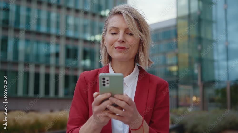 custom made wallpaper toronto digitalProfessional businesswoman in red jacket confidently standing in front of modern glass skyscraper, embodying success and corporate leadership with radiant smile and executive presence