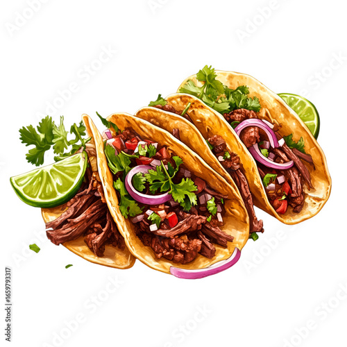 Savor the authentic taste of tender shredded beef tacos bursting with fresh pico de gallo, cilantro, red onion, and a zesty lime wedge.