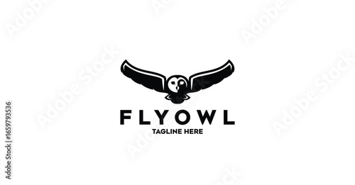 Black Owl Flying Simple Animal Symbol Graphic Illustration Black Background